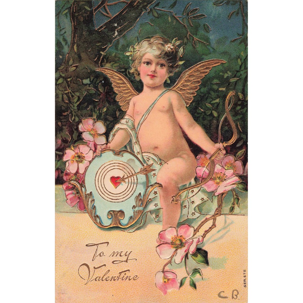 Valentine Postcard Series 675 CB Cupid Cherub Target Heart Arrow Embossed 1908